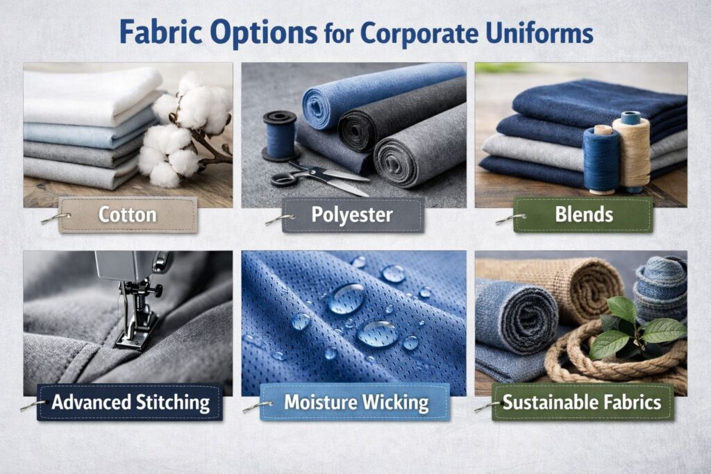 Corporate uniform design fabrics including cotton blends, polyester and stretch materials