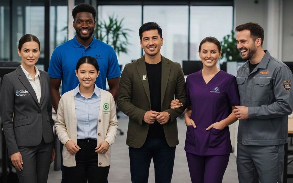 Corporate uniform design showing subtle logo placement and professional branding