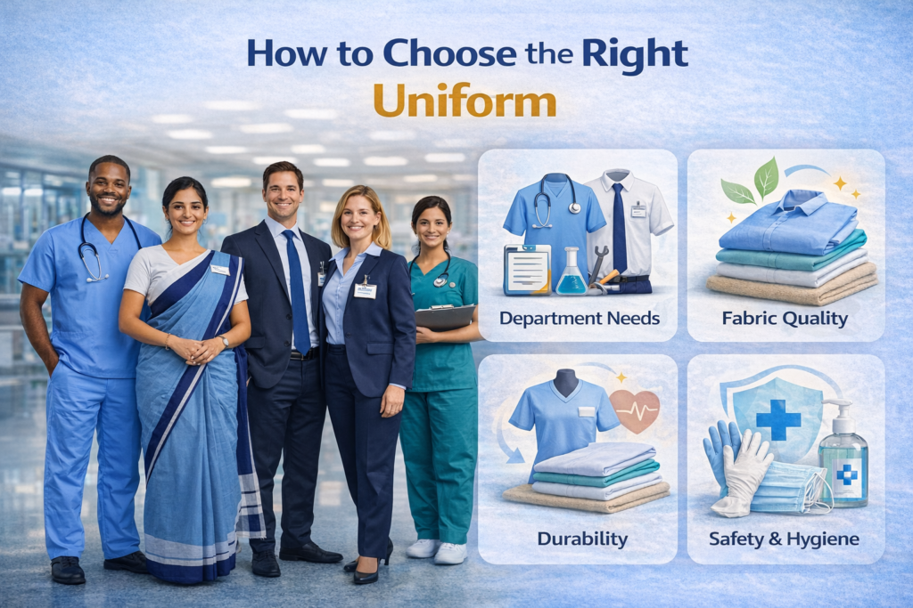 How to choose the right hospital or nursing uniform showing doctors, nurses, and administrative staff in professional hospital uniforms with visual icons highlighting department needs, fabric quality, durability, and safety and hygiene.