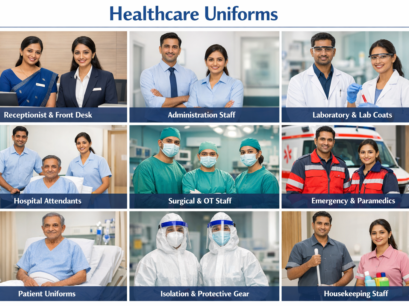 Healthcare uniforms guide featuring hospital staff uniforms such as receptionist and front desk attire, administration uniforms, laboratory lab coats, surgical scrubs, emergency and paramedic uniforms, patient clothing, isolation protective gear, and housekeeping staff uniforms.