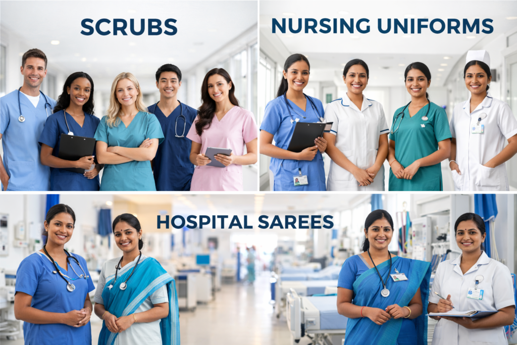 doctors and nurses in medical scrubs, nursing uniforms, and hospital sarees inside a hospital setting.